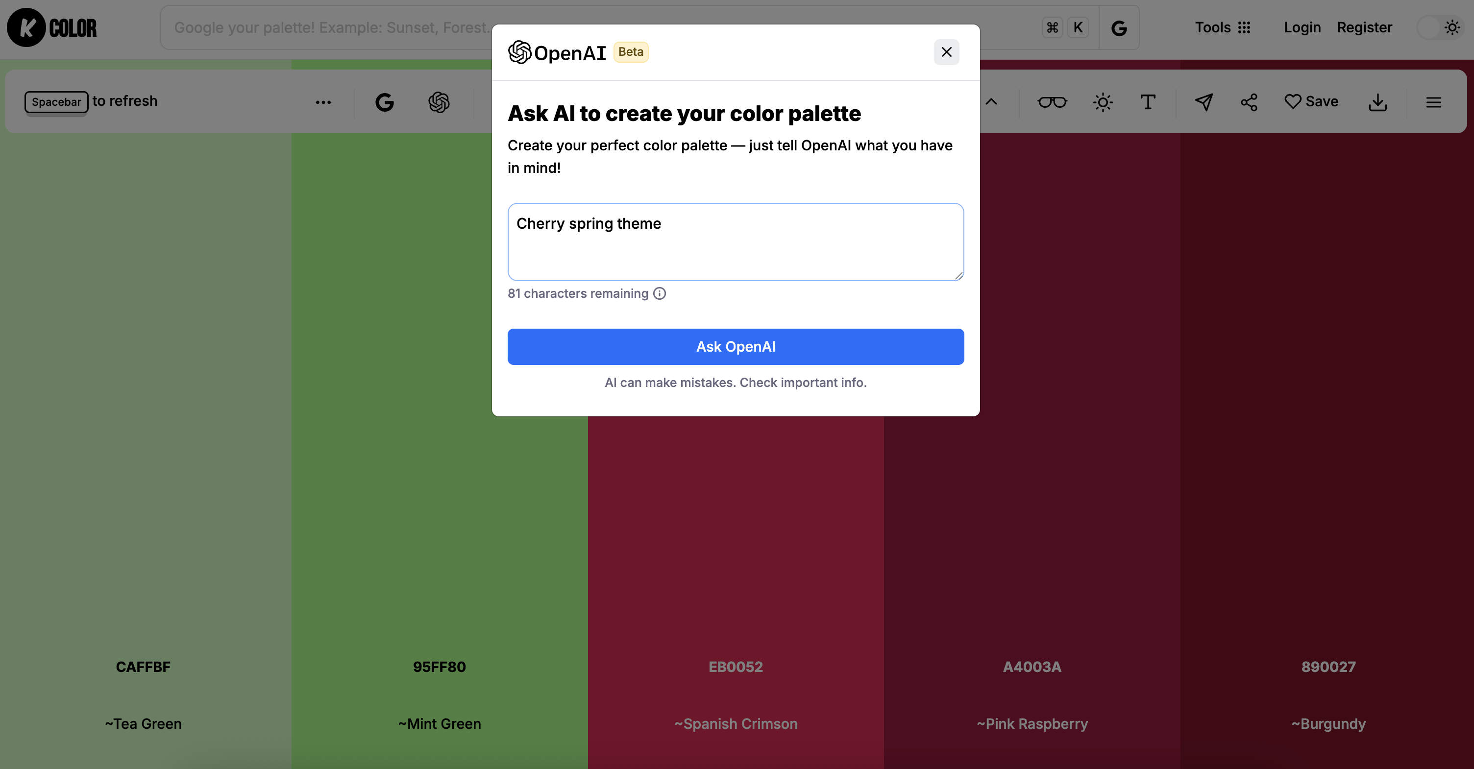 AI color palettes generator