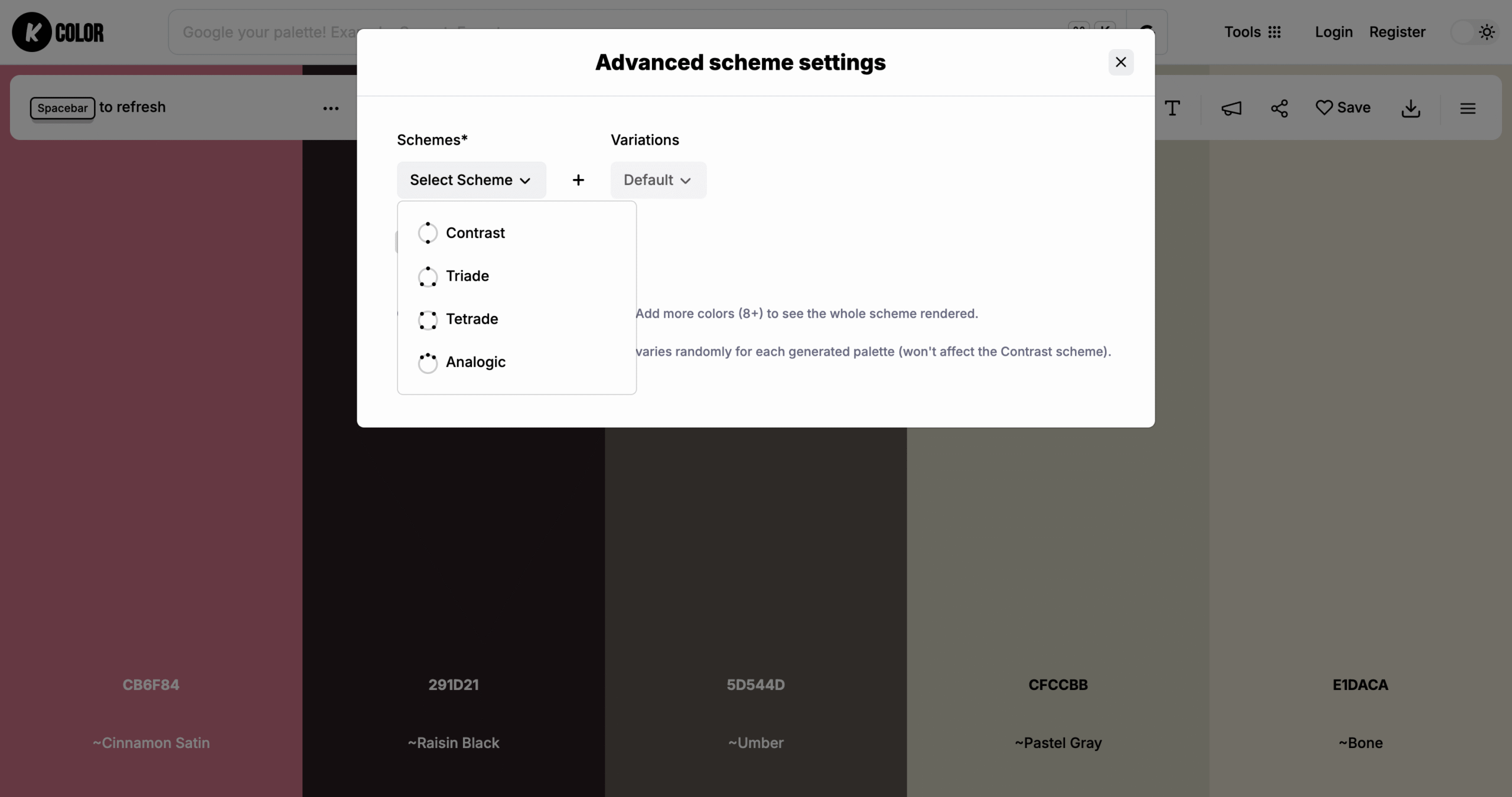 Color palette advanced schemes and variation types