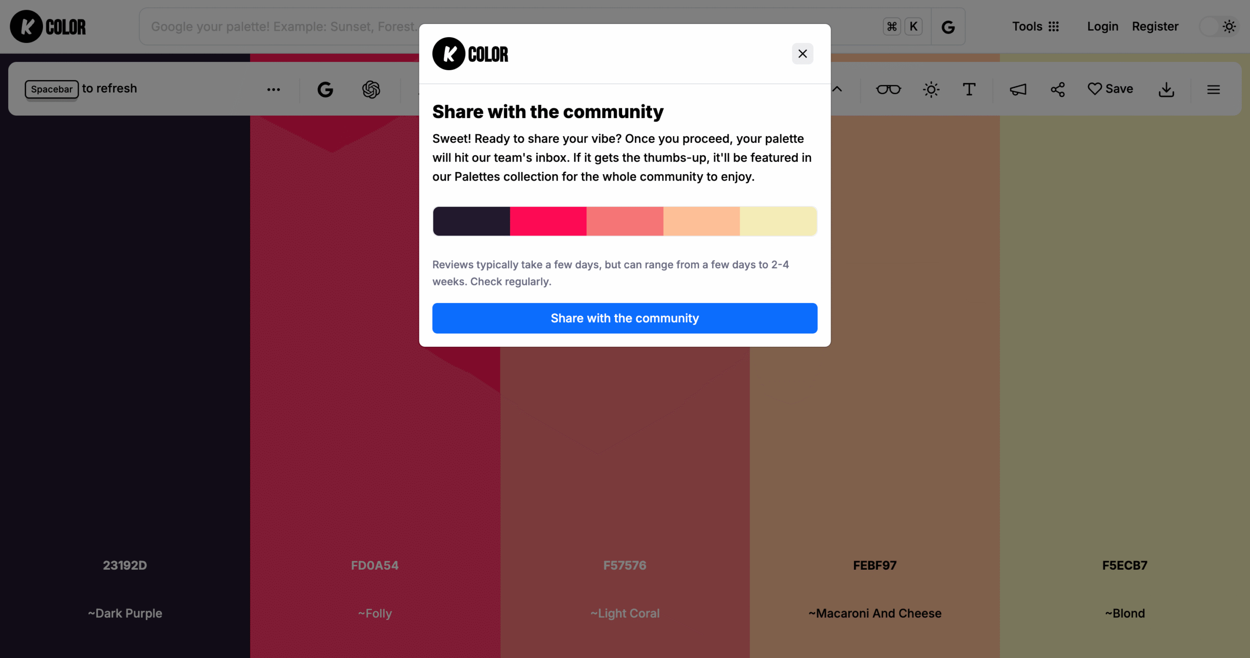 Share your color palette with the KColor community
