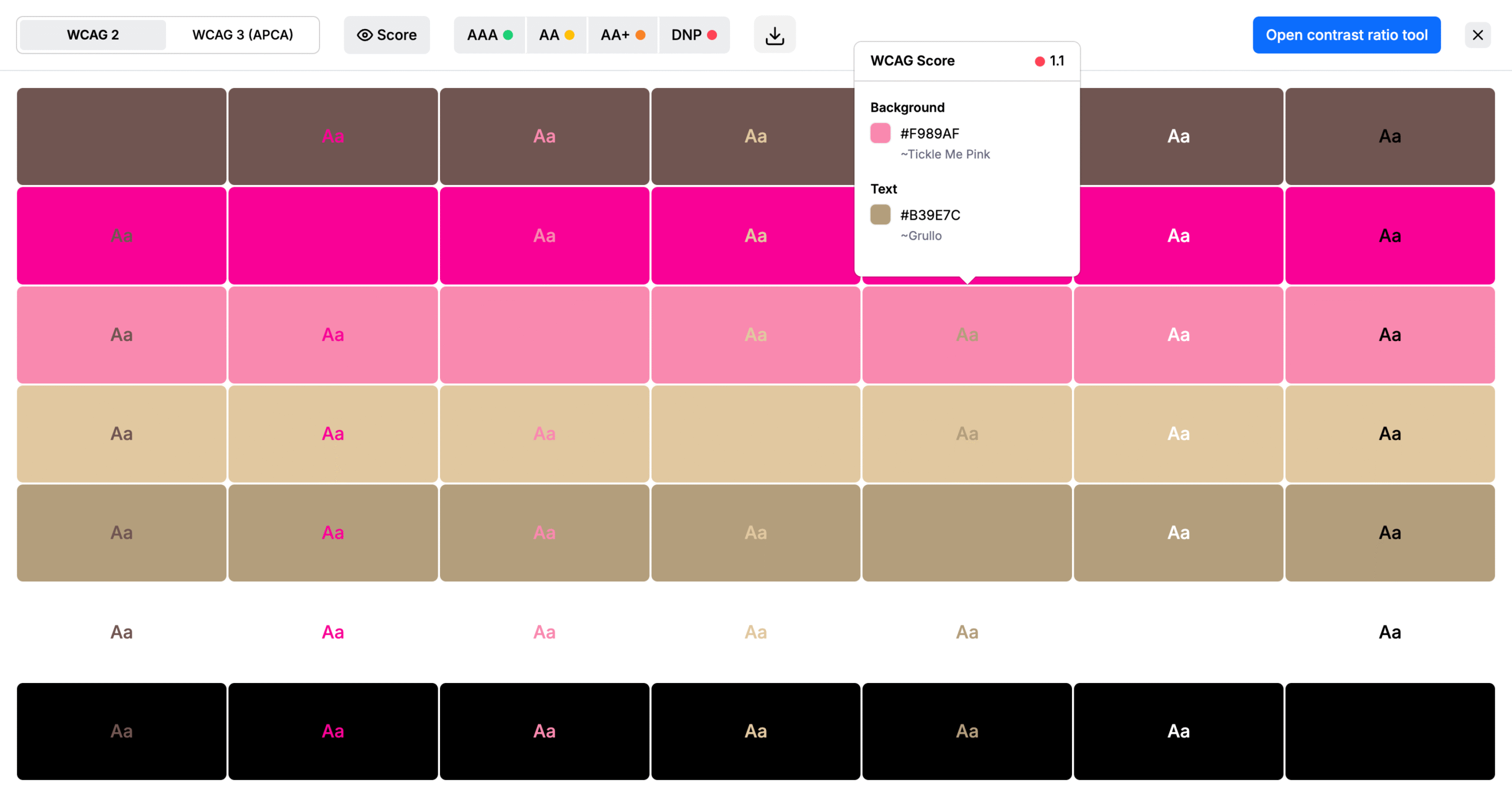 Color palettes WCAG contrast matrix